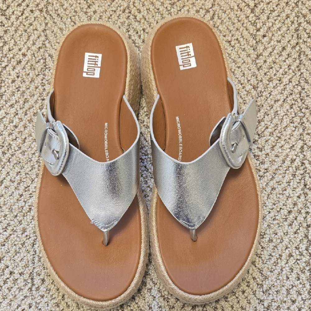 FitFlop F-Mode Espadrille Platform Wedge Flip Flop Silver - Picture 5 of 10